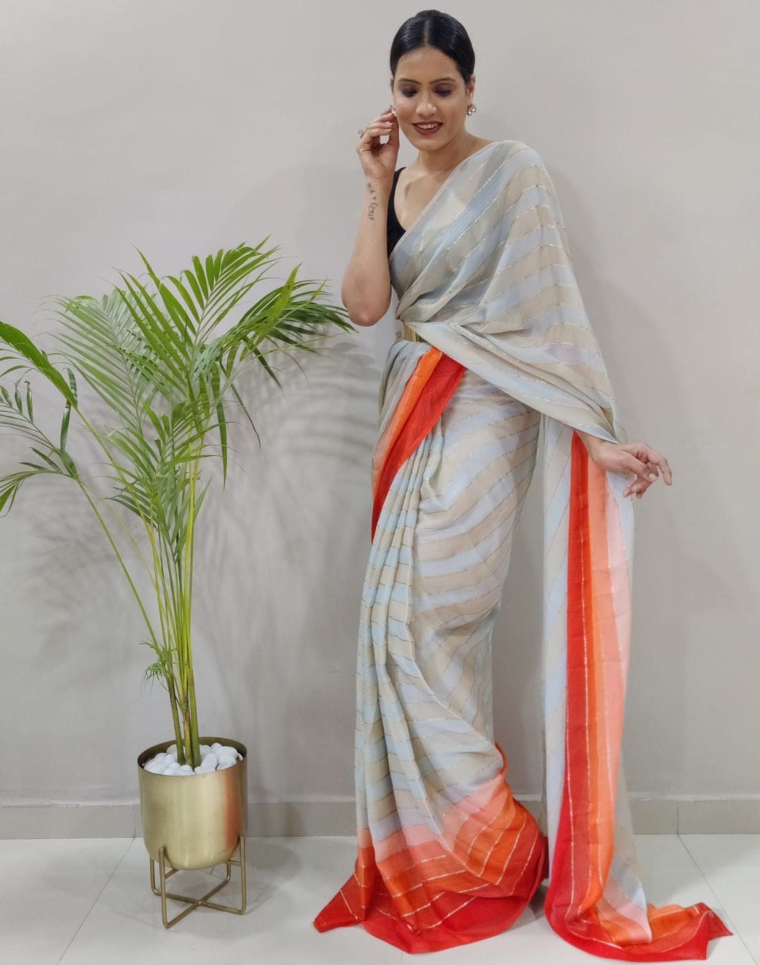Off White Printed Pre-draped Saree | Sudathi