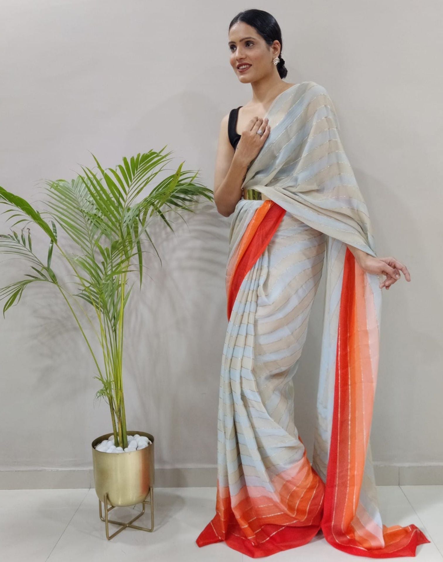 Off White Printed Pre-draped Saree | Sudathi