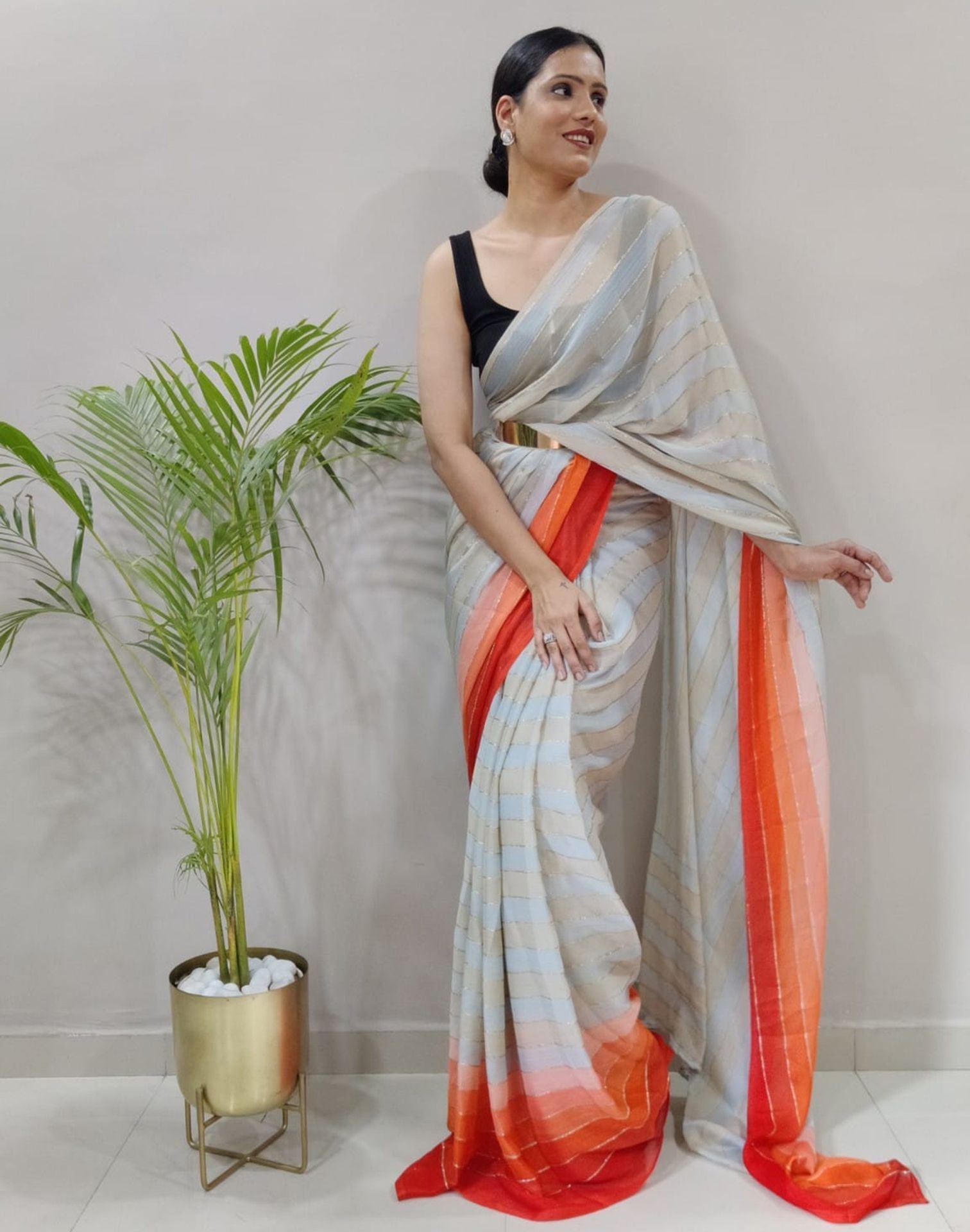 Off White Printed Pre-draped Saree | Sudathi