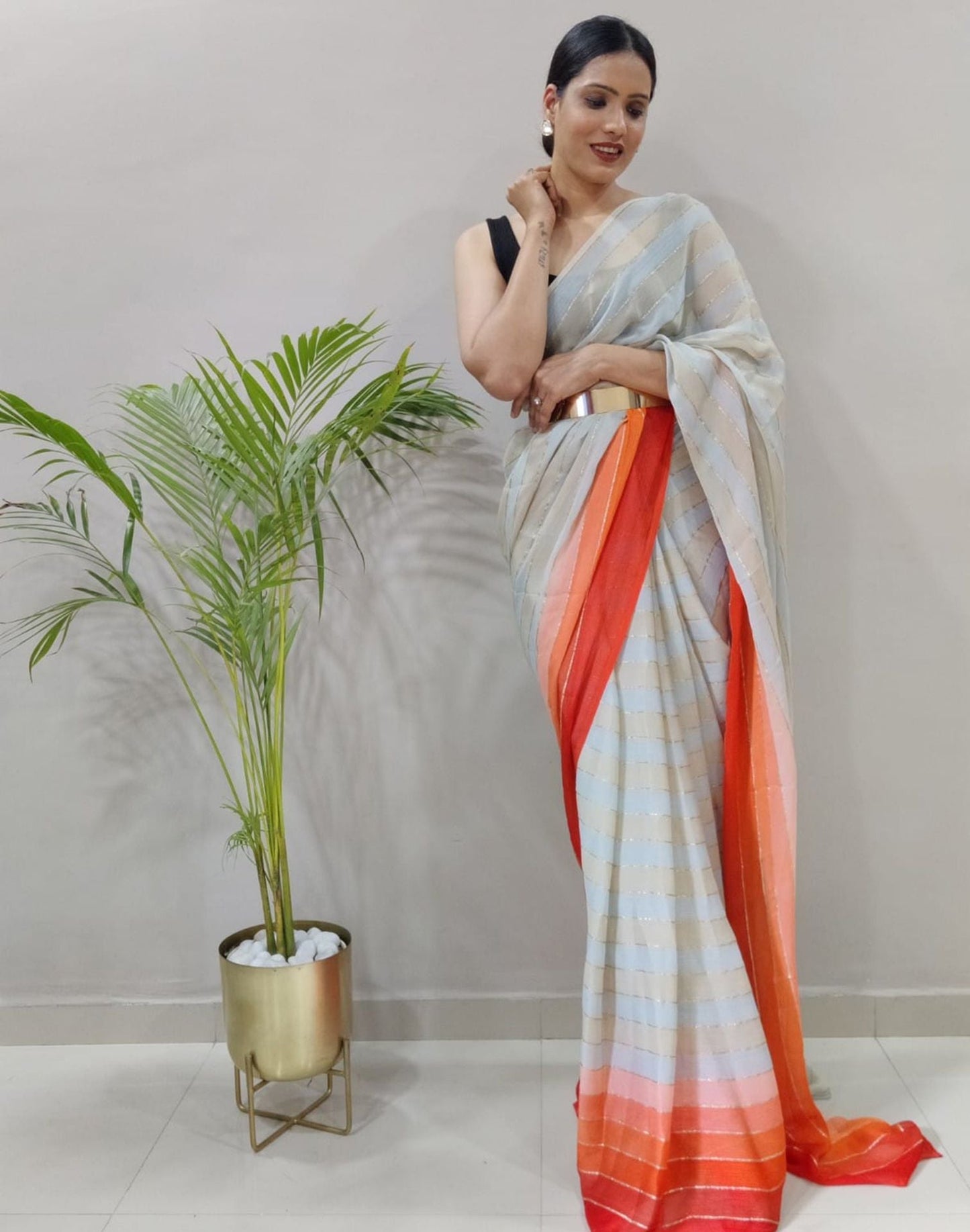 Off White Printed Pre-draped Saree | Sudathi