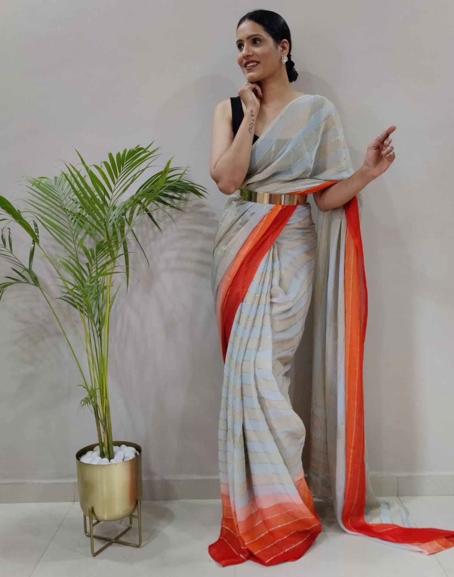 Off White Printed Pre-draped Saree | Sudathi