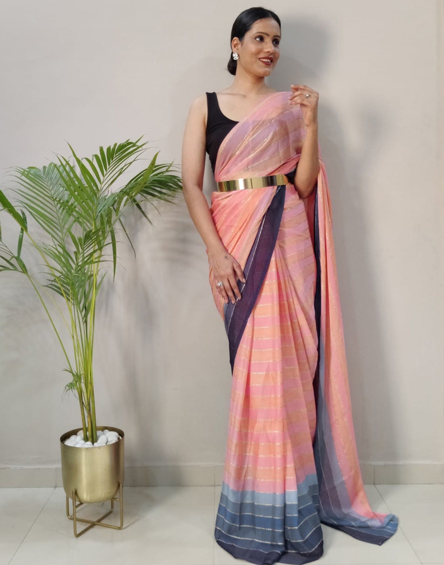 Pink Printed Pre-draped Saree | Sudathi
