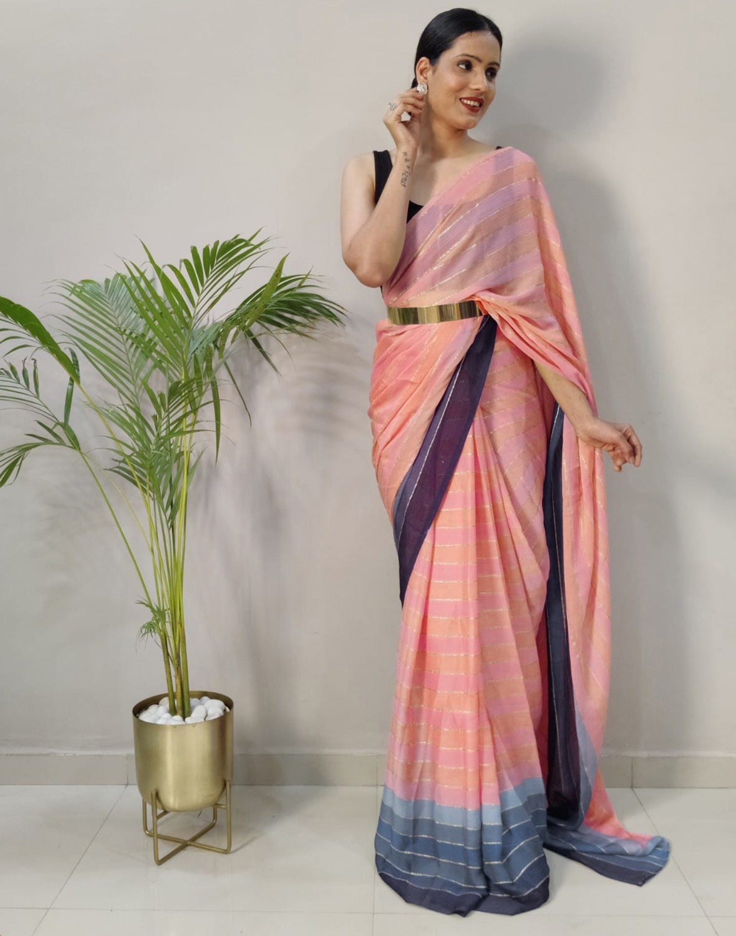 Pink Printed Pre-draped Saree | Sudathi