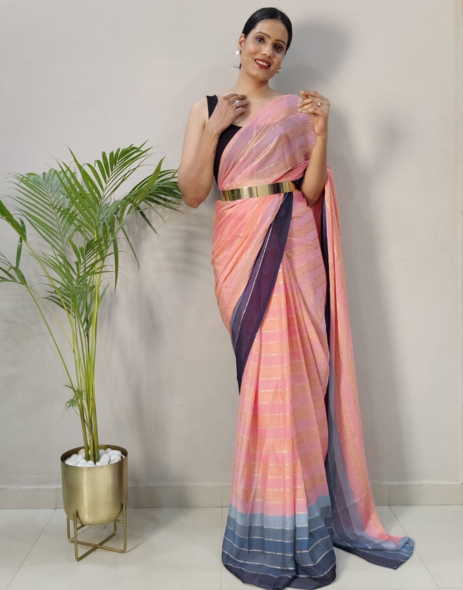 Pink Printed Pre-draped Saree | Sudathi