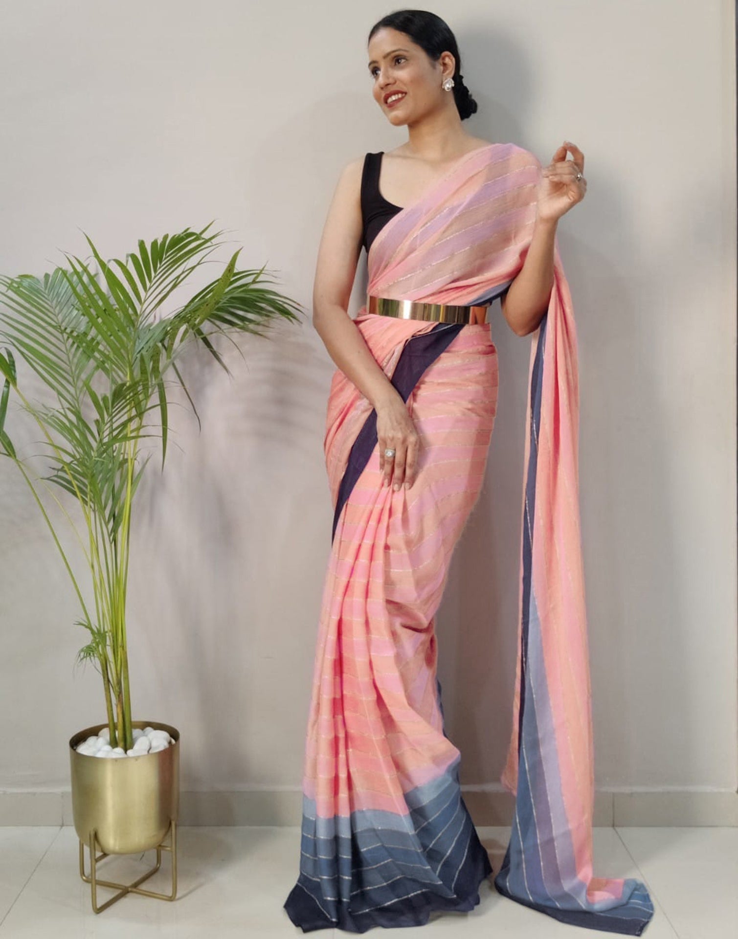 Pink Printed Pre-draped Saree | Sudathi