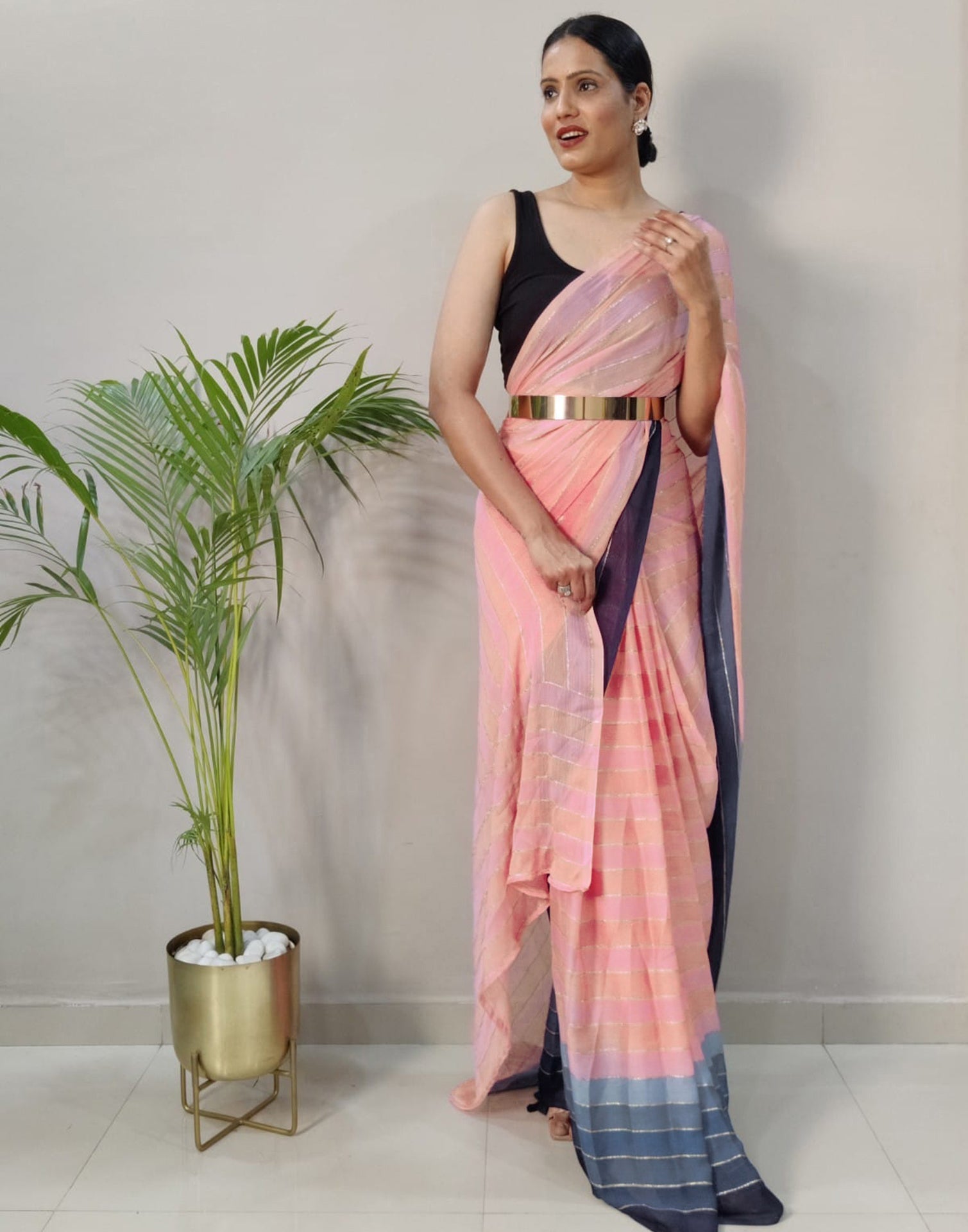 Pink Printed Pre-draped Saree | Sudathi
