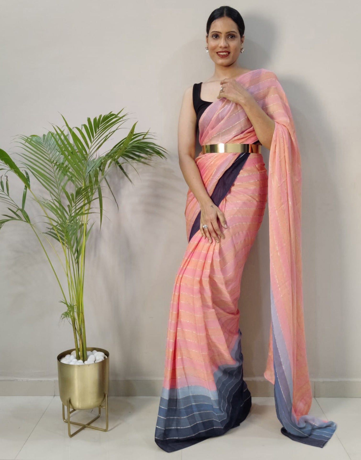 Pink Printed Pre-draped Saree | Sudathi