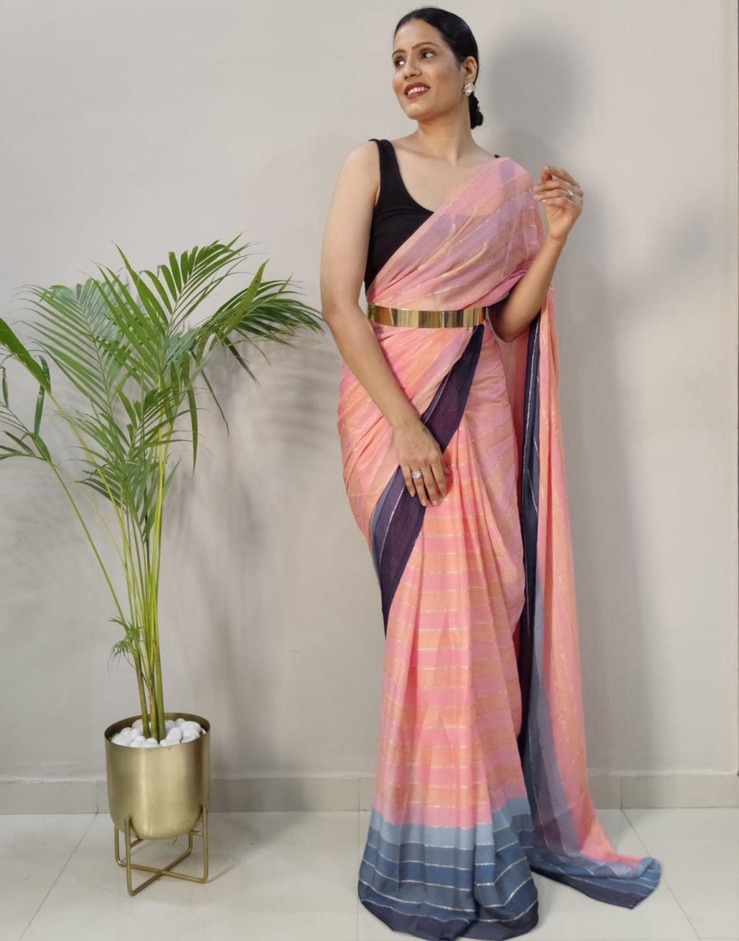 Pink Printed Pre-draped Saree | Sudathi