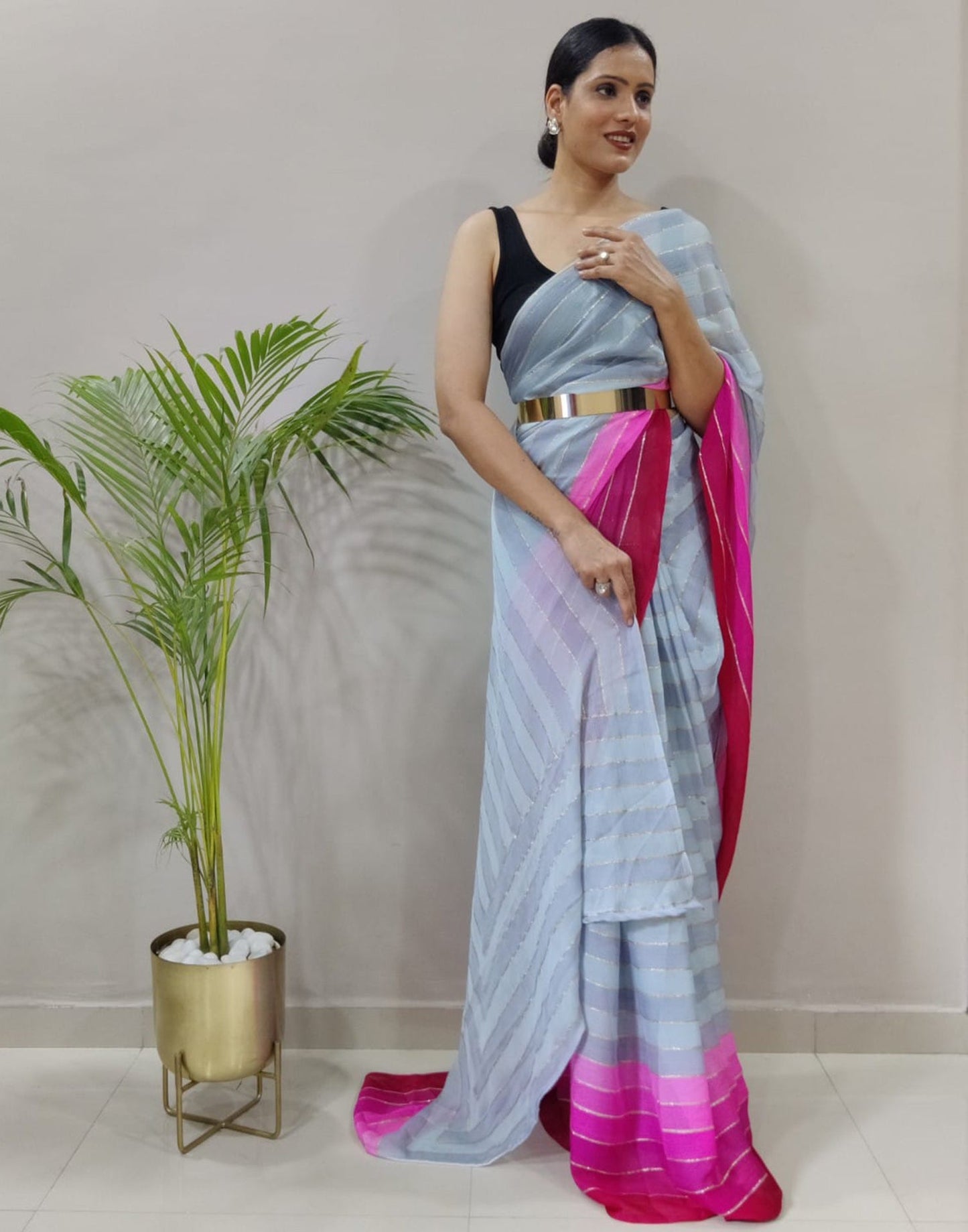 Ready to Wear Light Grey Chiffon Printed Saree