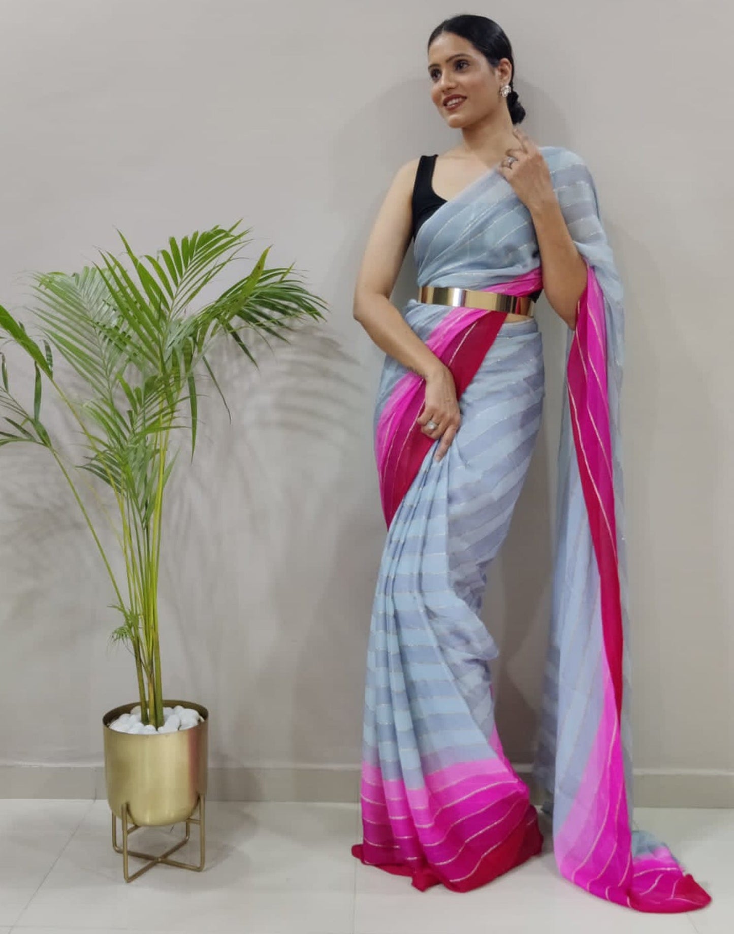 Ready to Wear Light Grey Chiffon Printed Saree