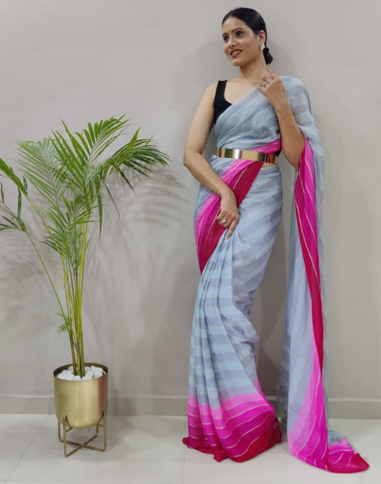 Ready to Wear Light Grey Chiffon Printed Saree