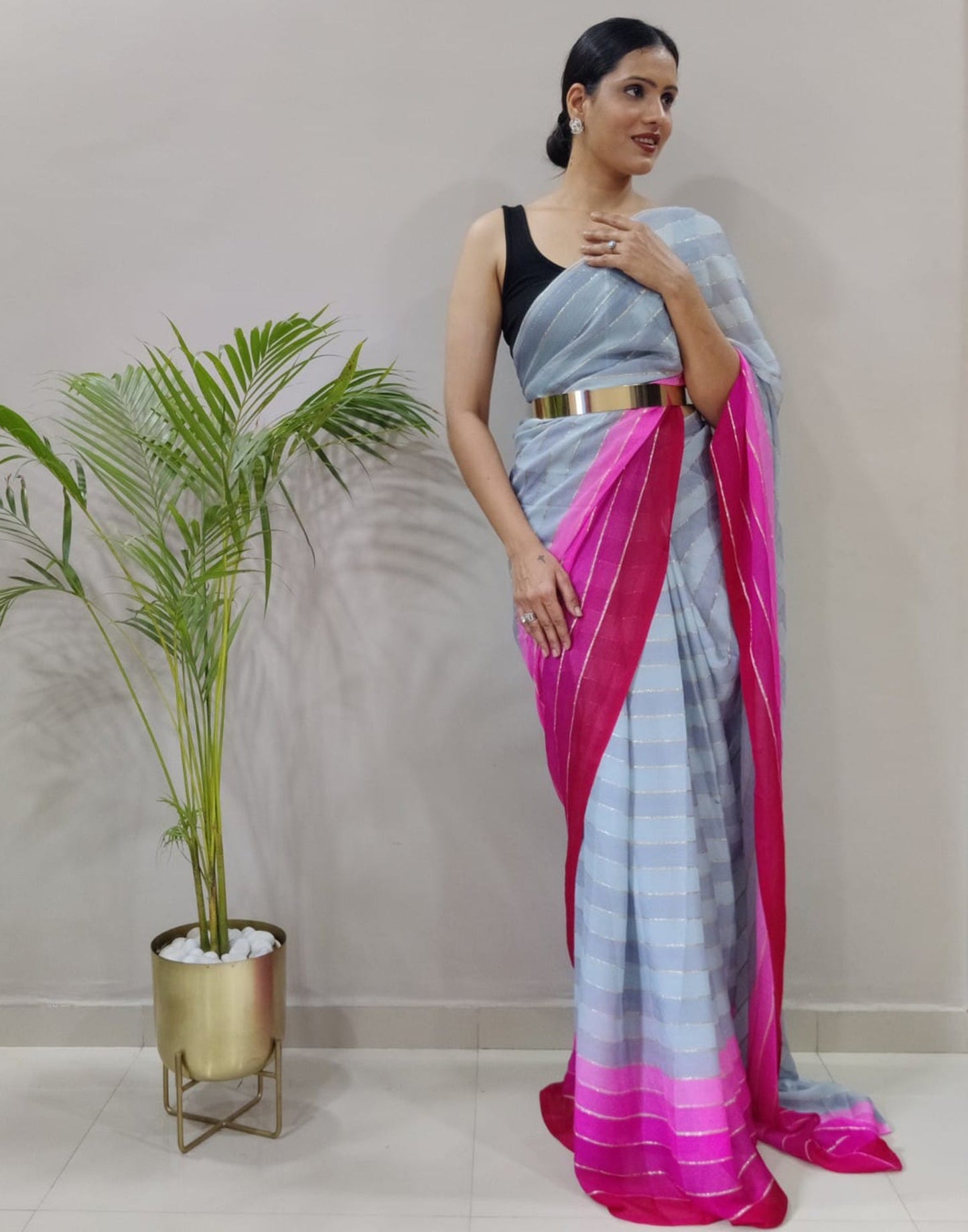 Ready to Wear Light Grey Chiffon Printed Saree