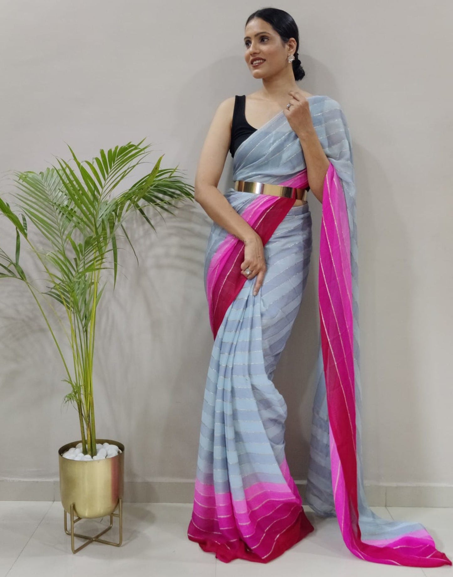 Ready to Wear Light Grey Chiffon Printed Saree