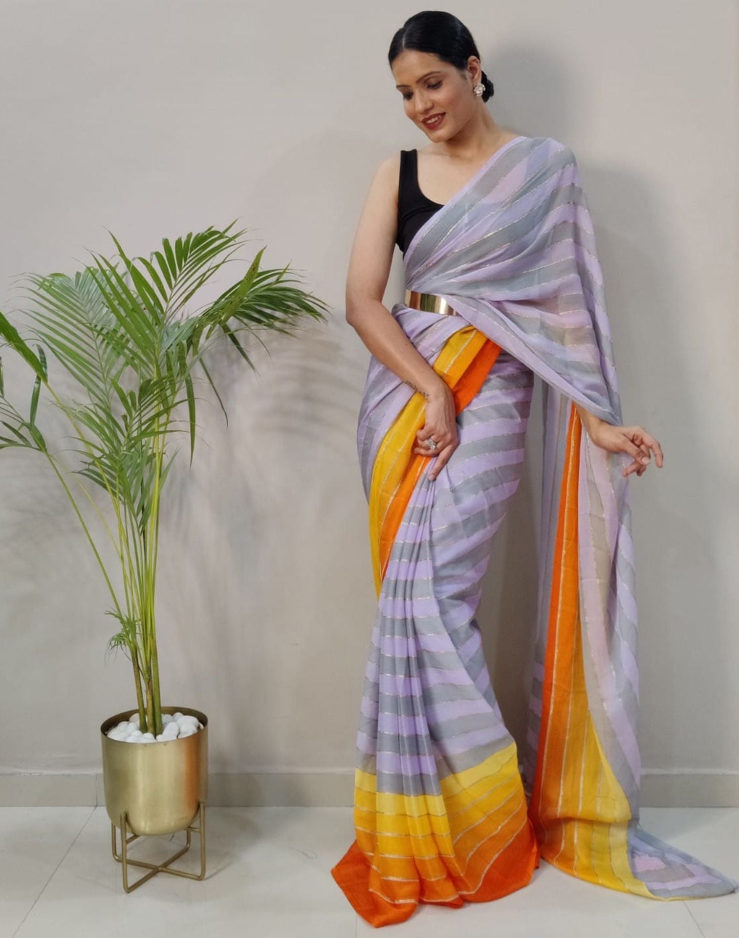 Lilac Printed Pre-draped Saree | Sudathi