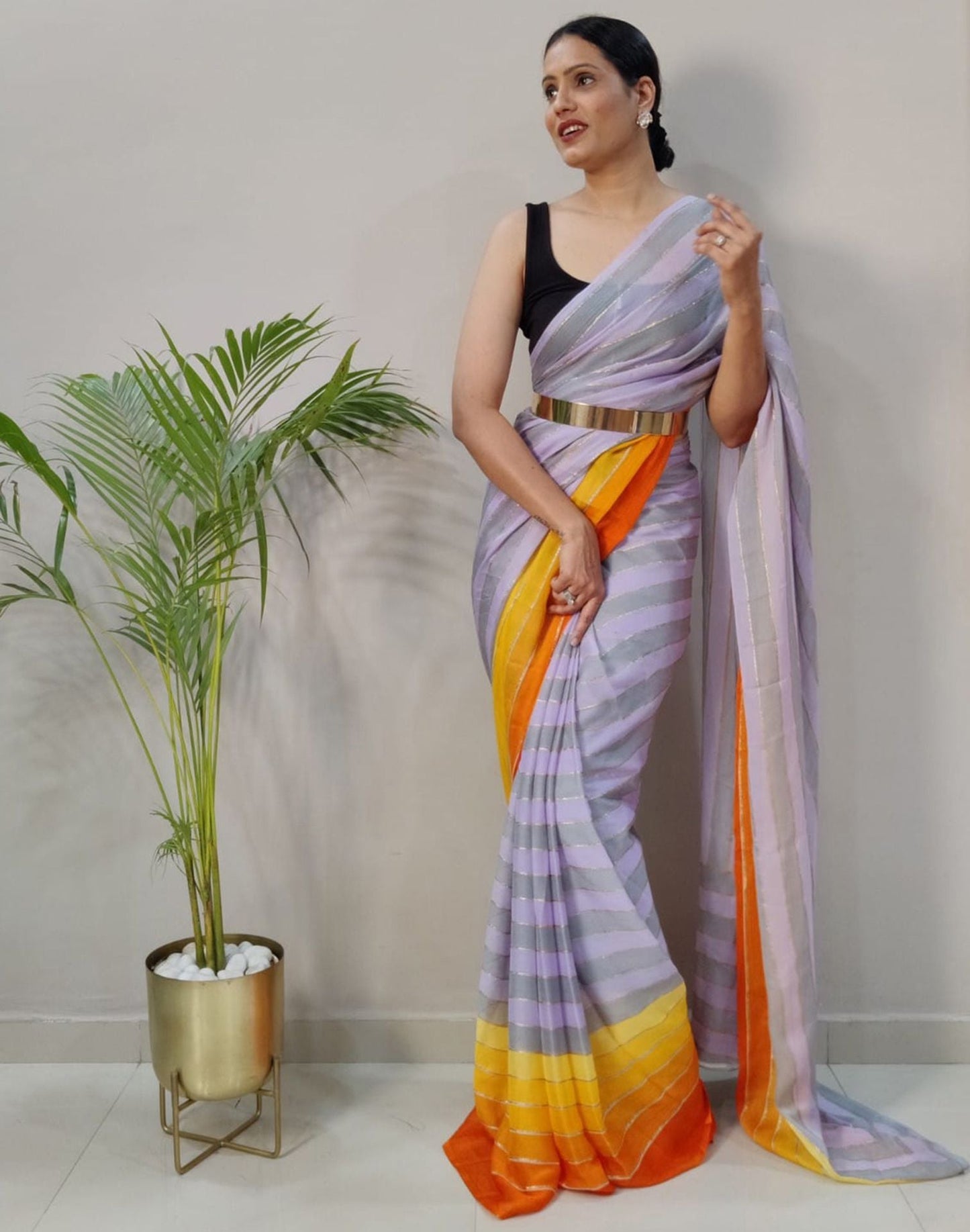 Lilac Printed Pre-draped Saree | Sudathi