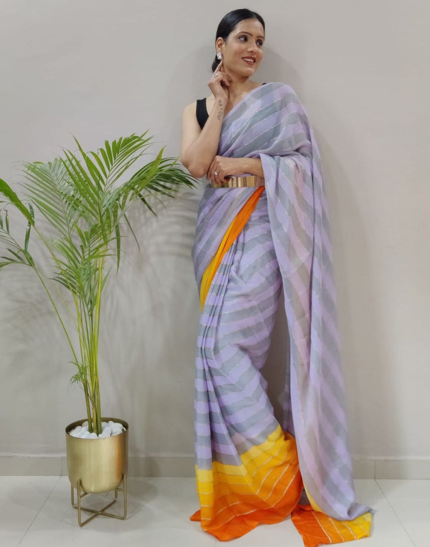 Lilac Printed Pre-draped Saree | Sudathi