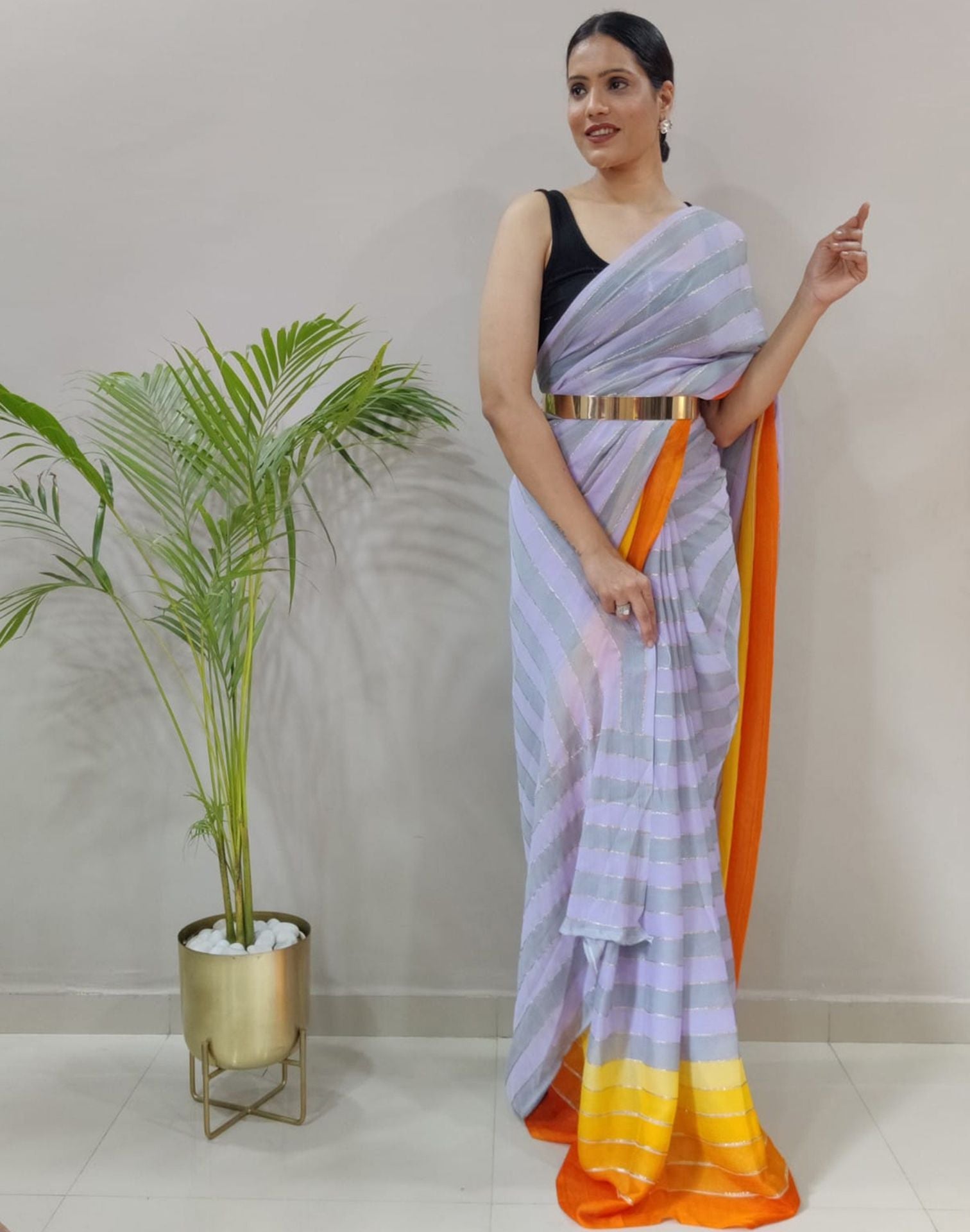 Lilac Printed Pre-draped Saree | Sudathi