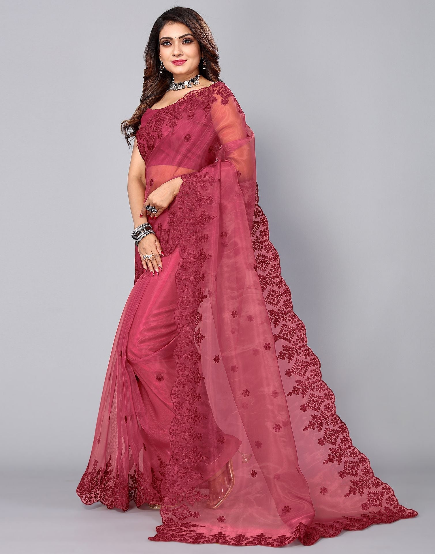 Maroon Organza Saree | Leemboodi