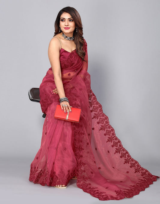 Maroon Organza Saree | Leemboodi