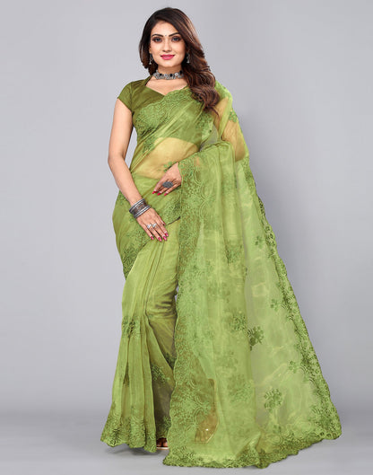 Olive Green Organza Embroidery Saree
