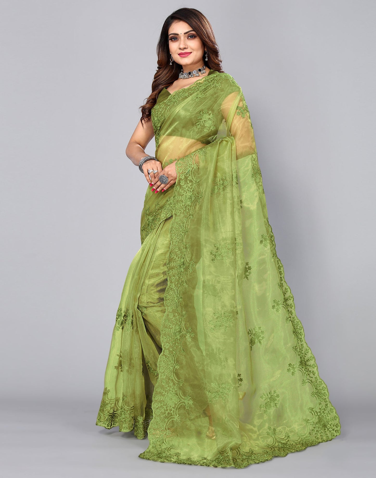 Olive Green Organza Embroidery Saree