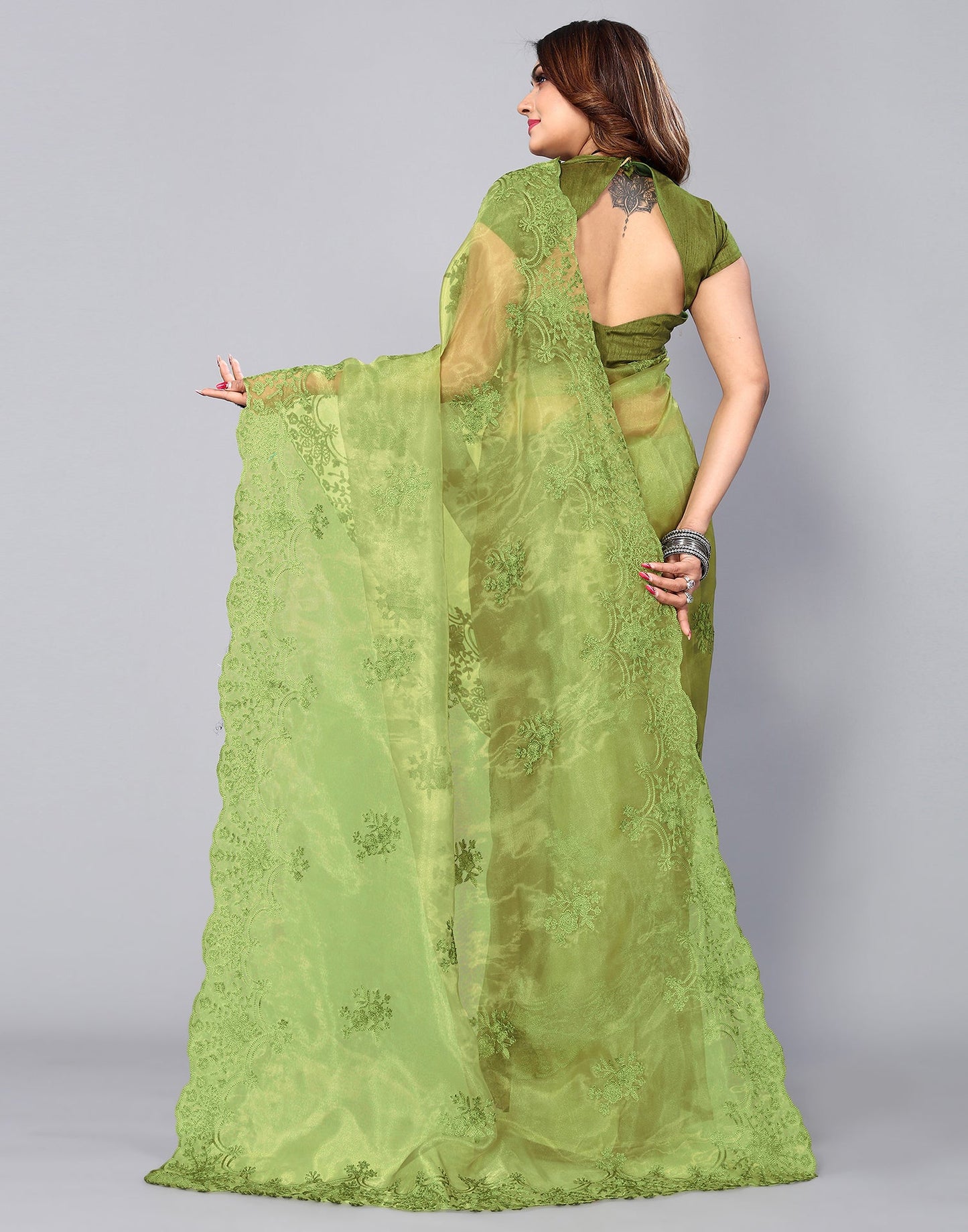 Olive Green Organza Embroidery Saree