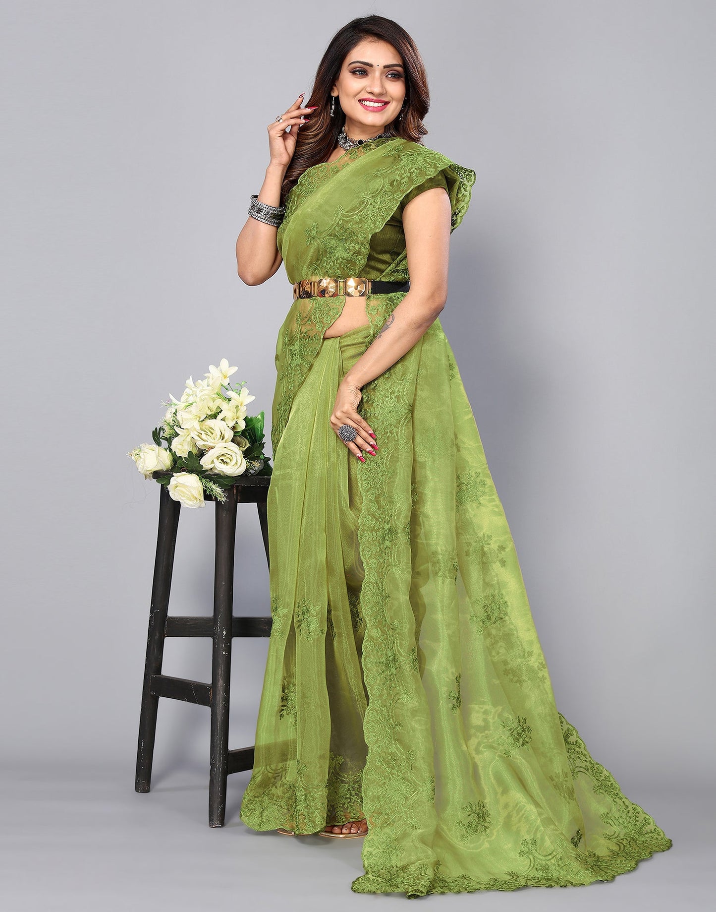Olive Green Organza Embroidery Saree