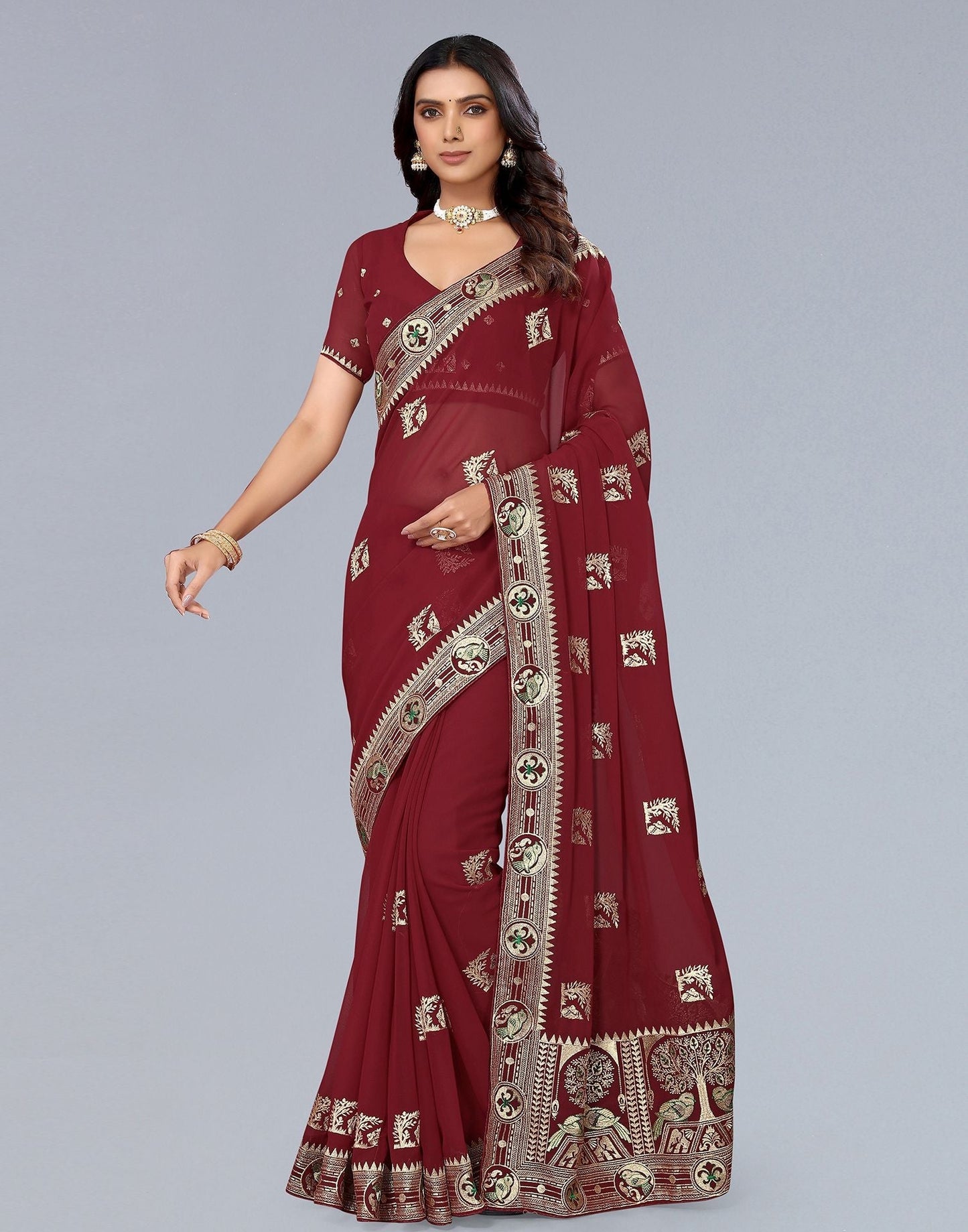 Maroon Embroidery Saree | Leemboodi