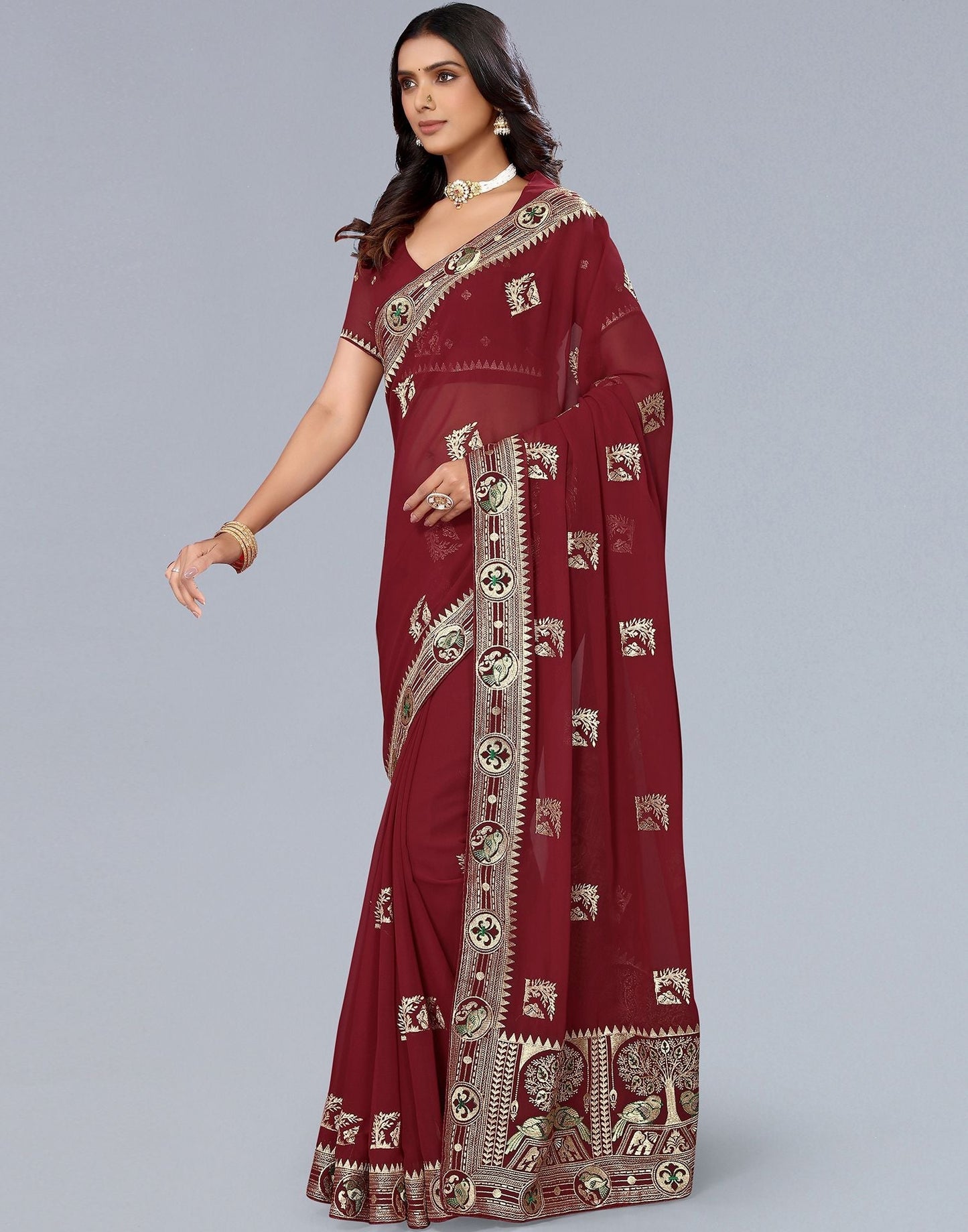 Maroon Embroidery Saree | Leemboodi