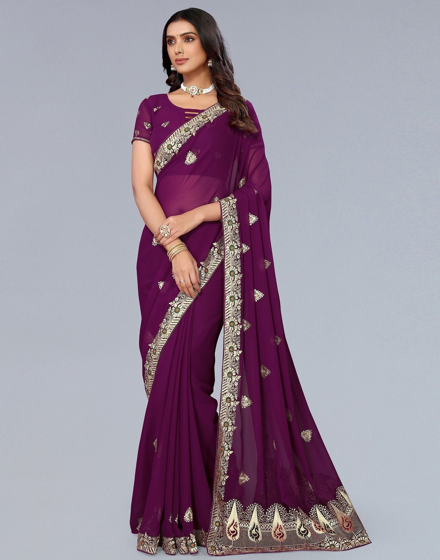 Wine Embroidery Saree | Leemboodi