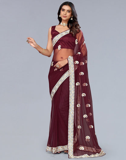 Maroon Net Embroidery Saree | Sudathi