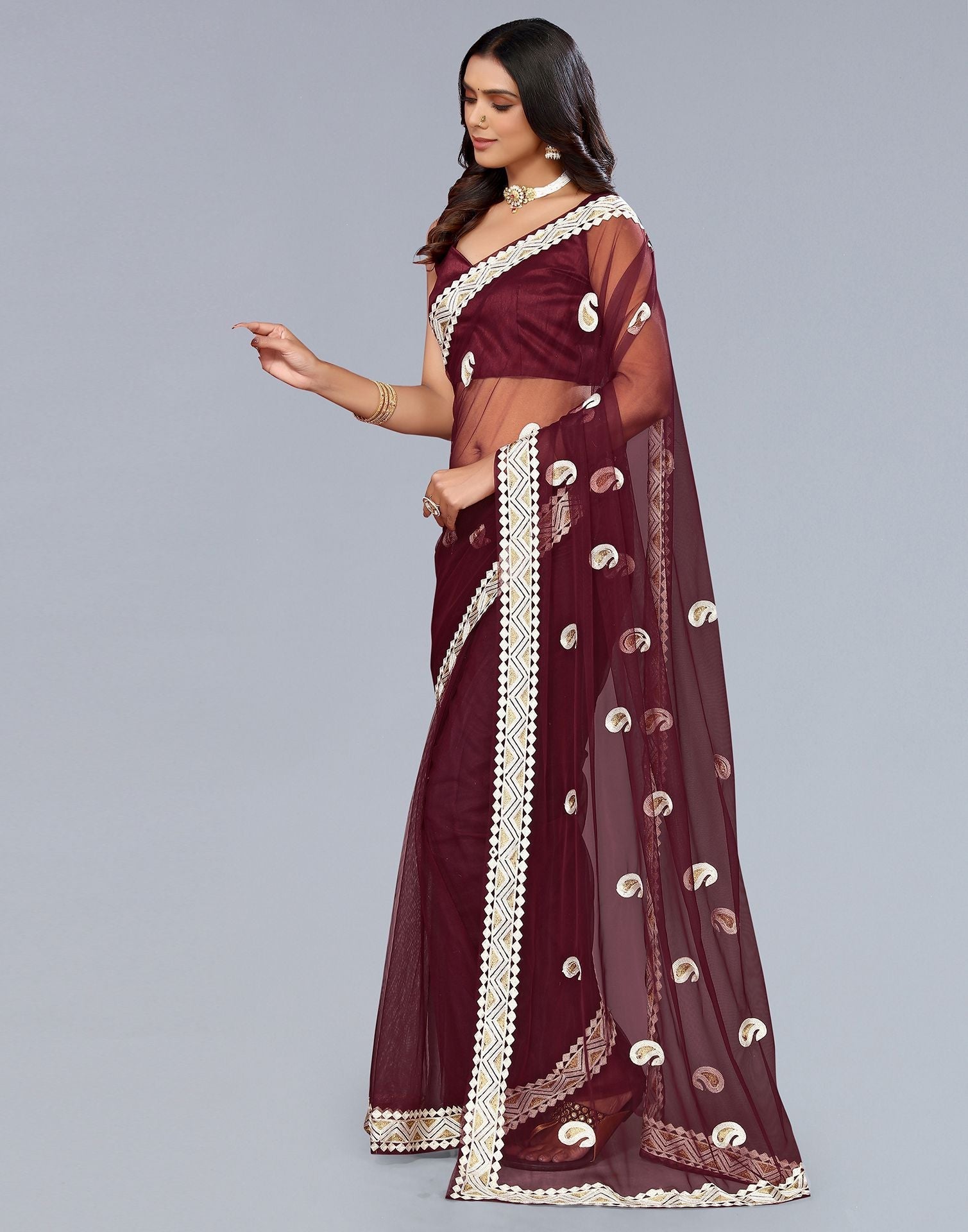 Maroon Net Embroidery Saree | Sudathi