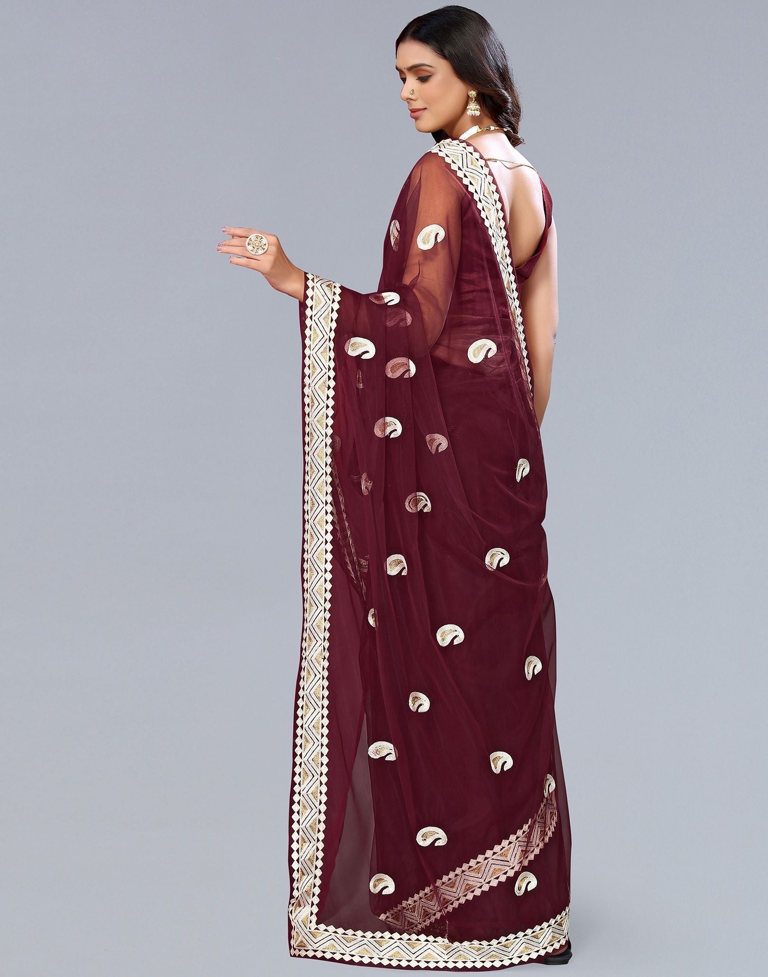 Maroon Net Embroidery Saree | Sudathi