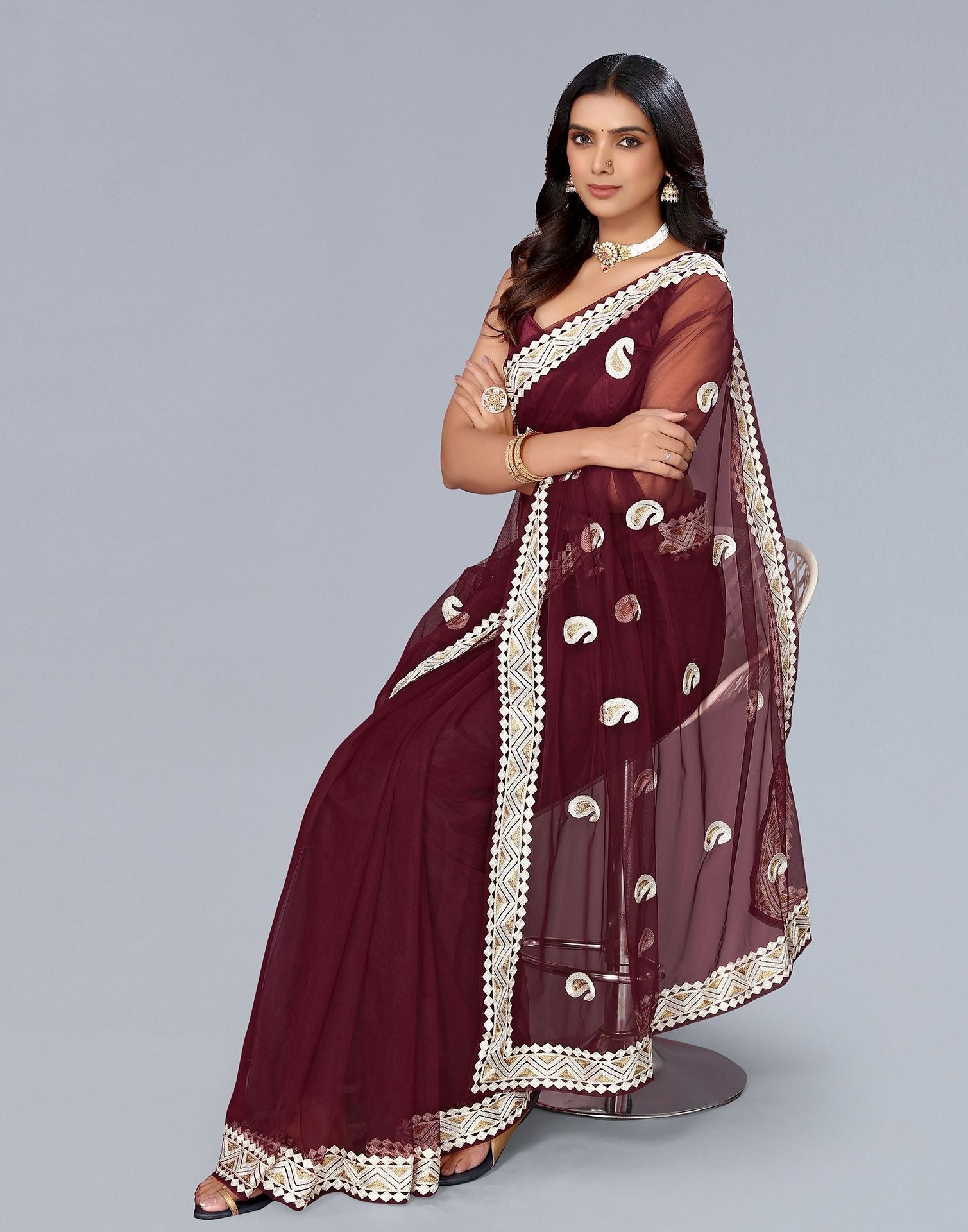 Maroon Net Embroidery Saree | Sudathi