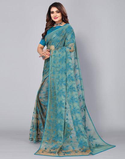Blue Net Embroidery Saree