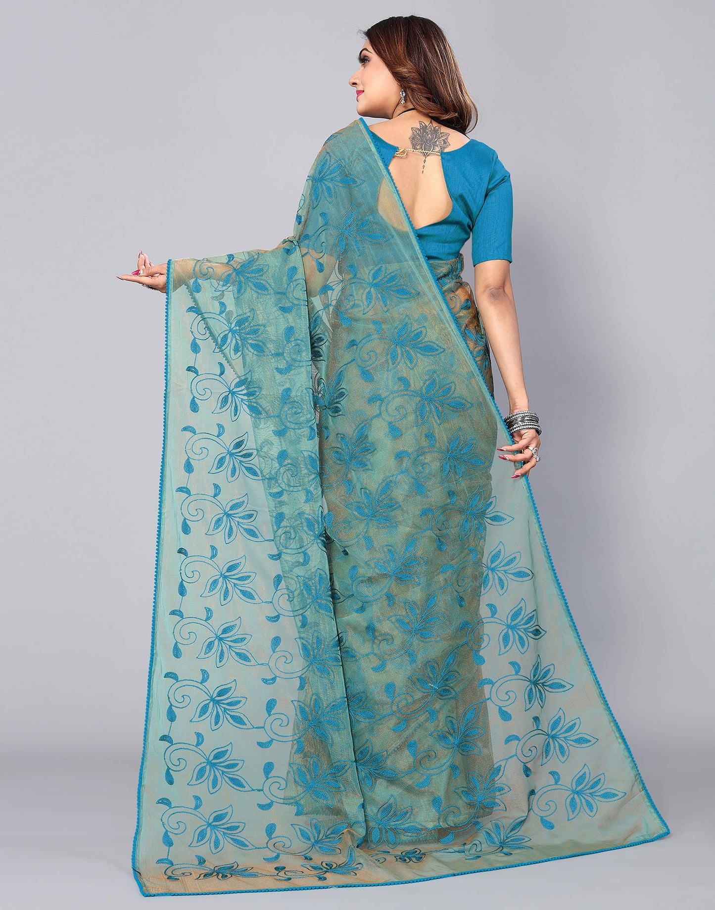 Blue Net Embroidery Saree