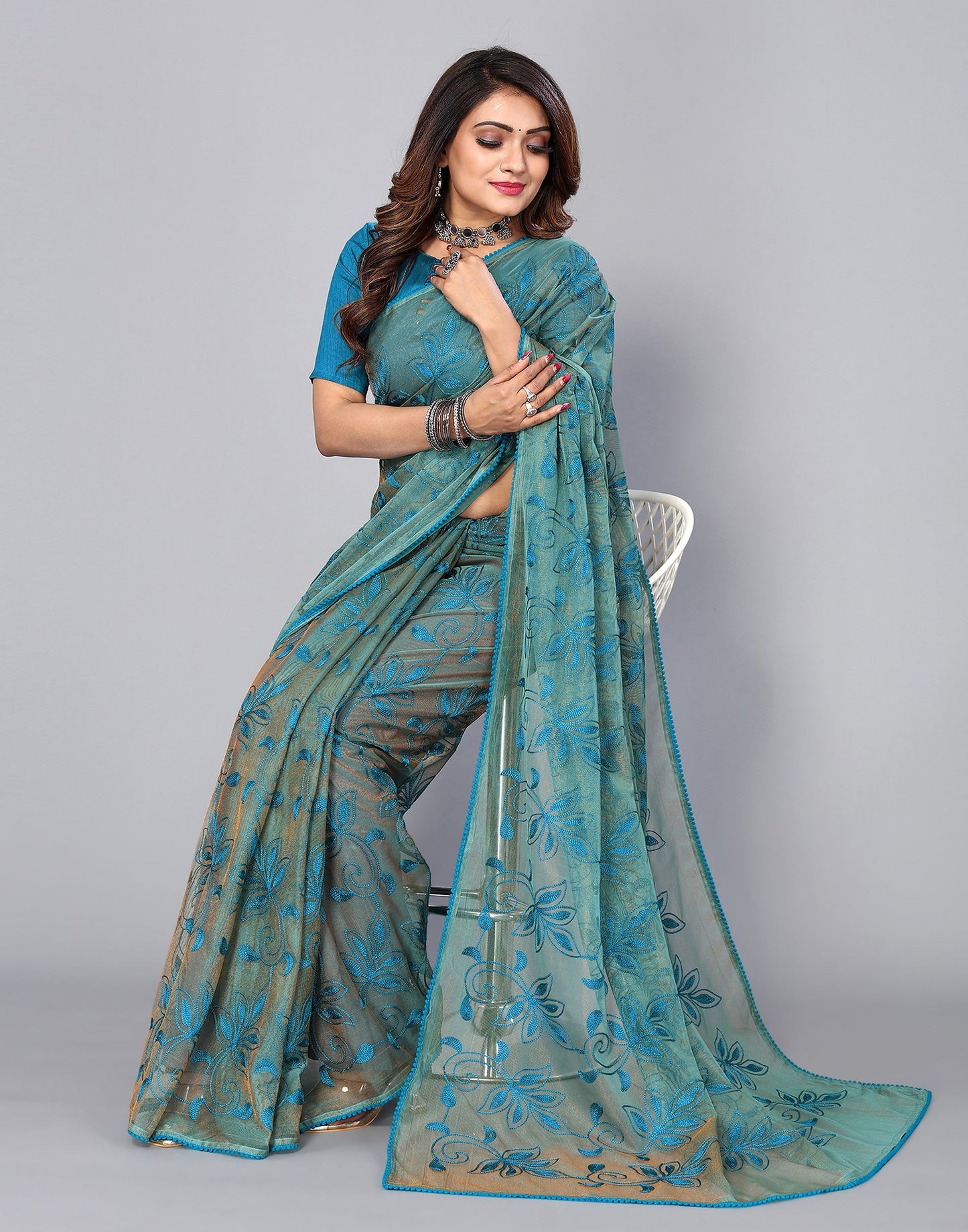 Blue Net Embroidery Saree