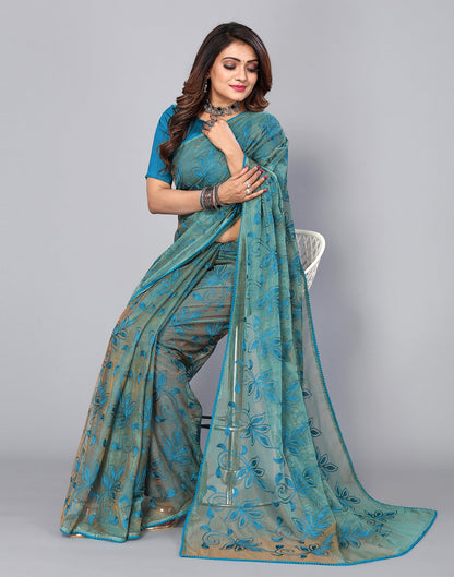 Blue Net Embroidery Saree