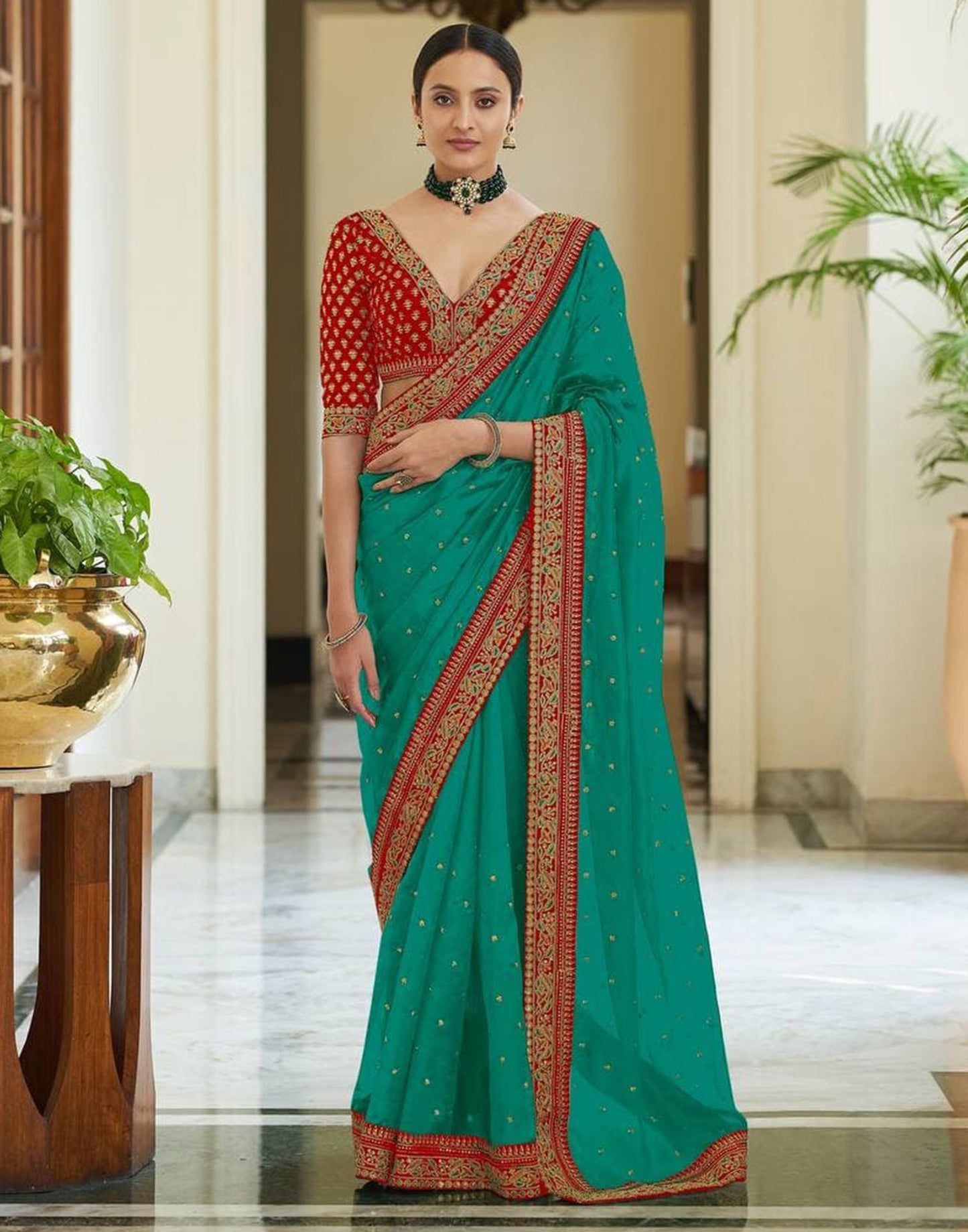 Turquoise Silk Embroidery Saree | Leemboodi