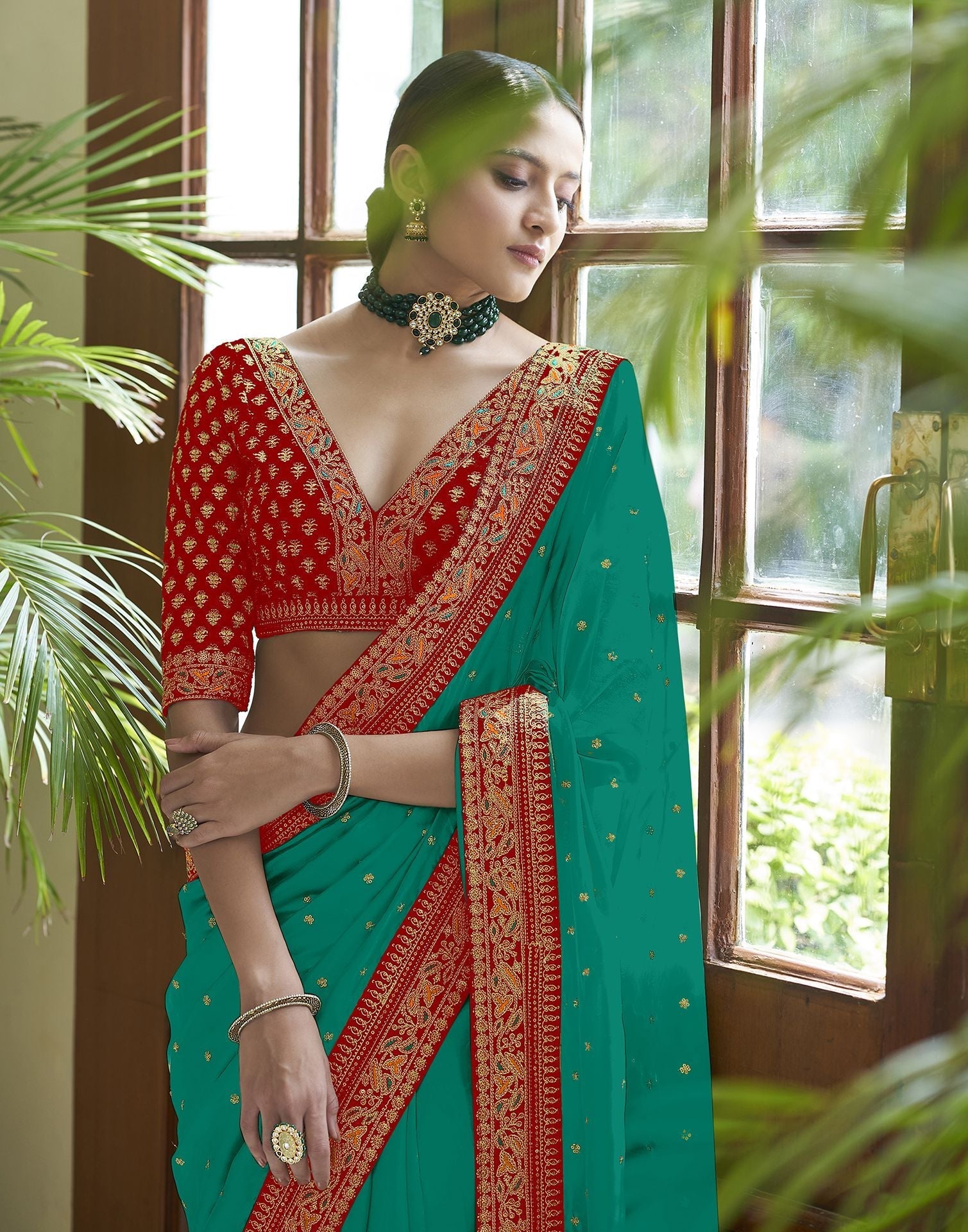Turquoise Silk Embroidery Saree | Leemboodi