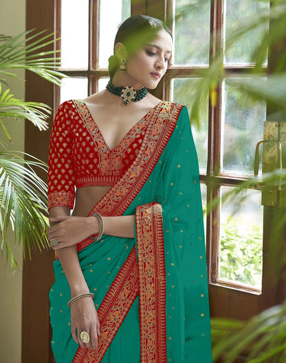 Turquoise Silk Embroidery Saree | Leemboodi
