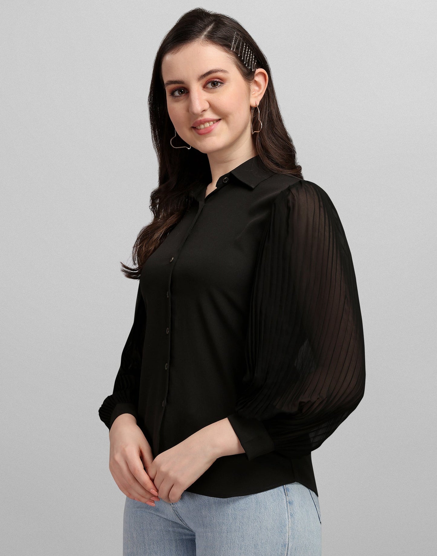 Black Pleated Sleeve Shirt | Sudathi