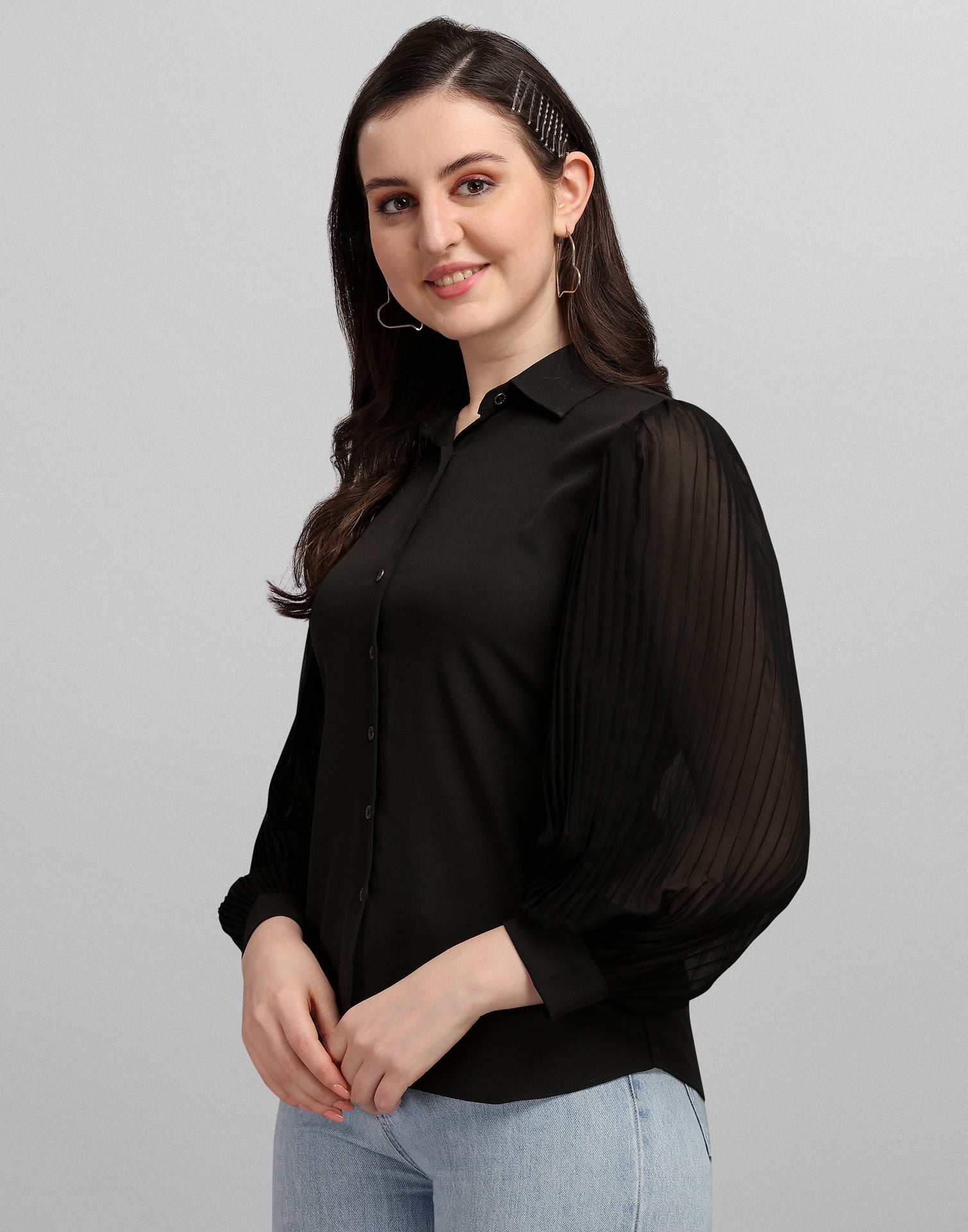 Black Pleated Sleeve Shirt | Sudathi