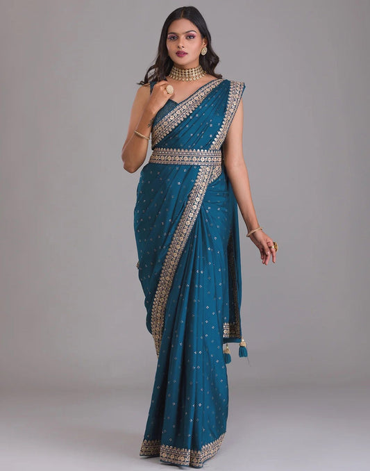 Teal Blue Printed Saree | Leemboodi