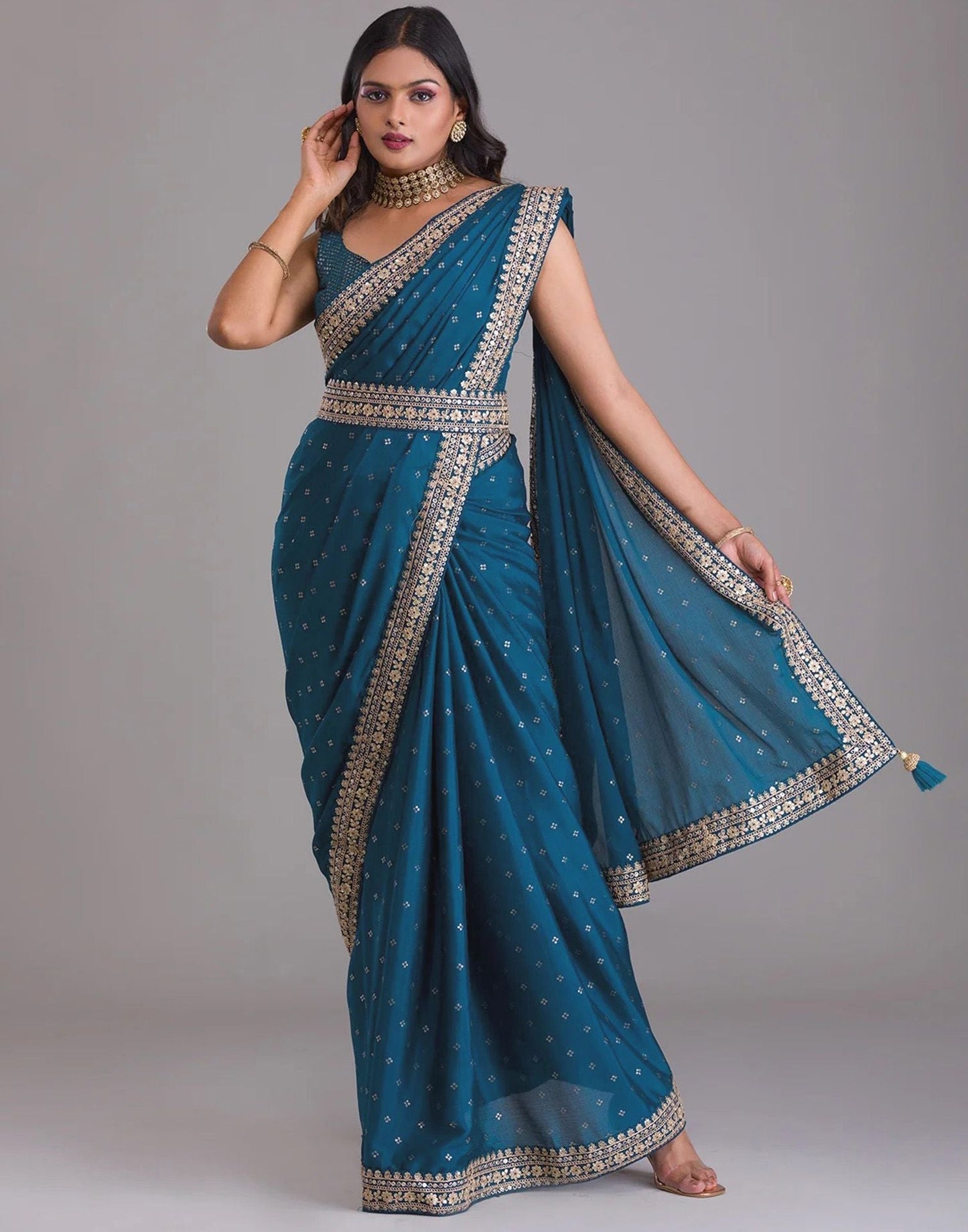 Teal Blue Printed Saree | Leemboodi