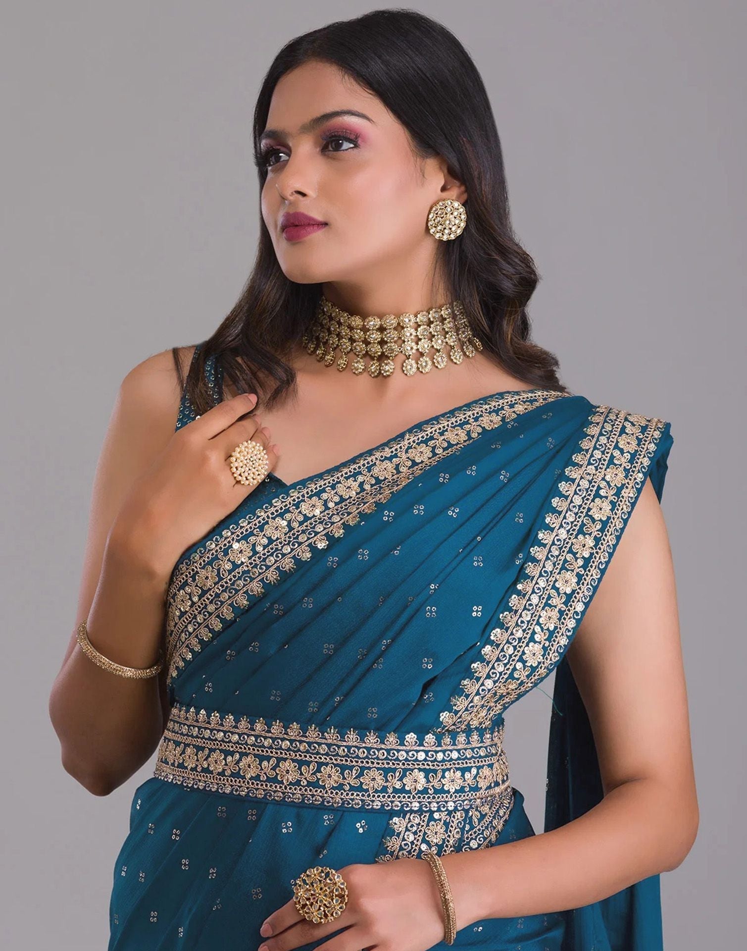 Teal Blue Printed Saree | Leemboodi