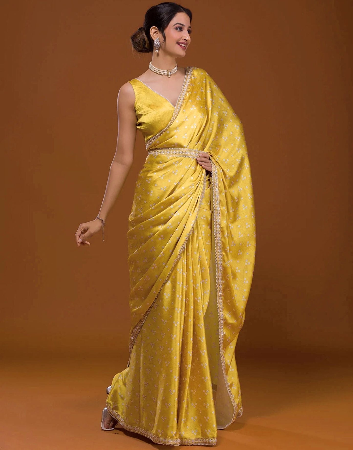 Yellow Silk Bandhani Saree | Leemboodi