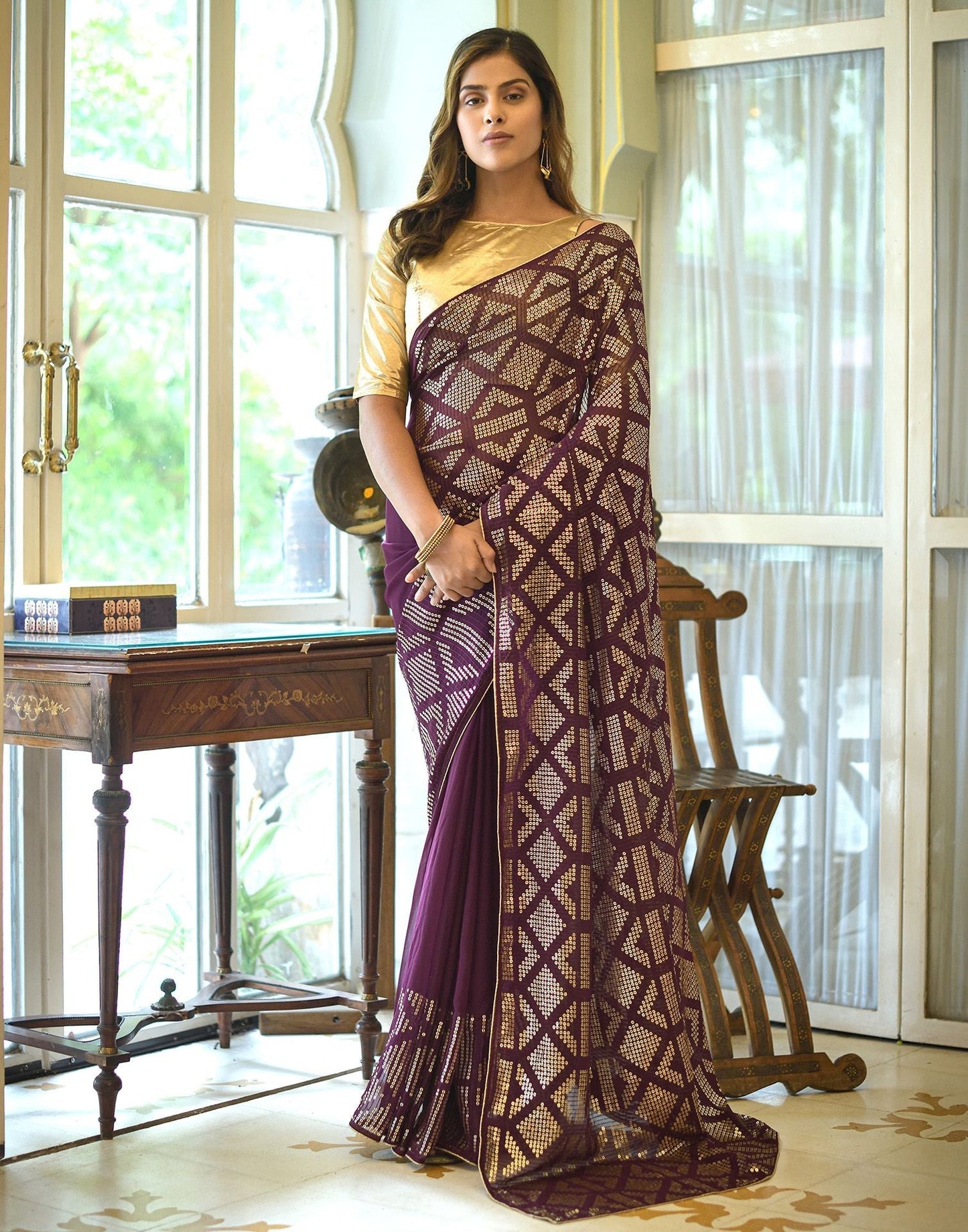 Wine Sequence Saree | Leemboodi