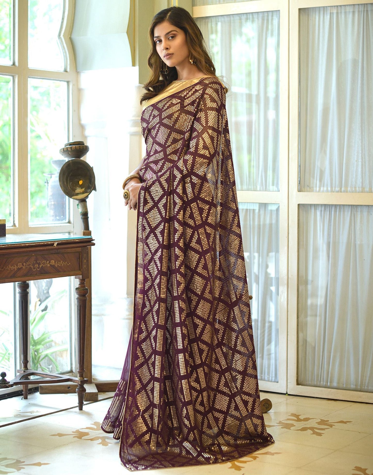 Wine Sequence Saree | Leemboodi