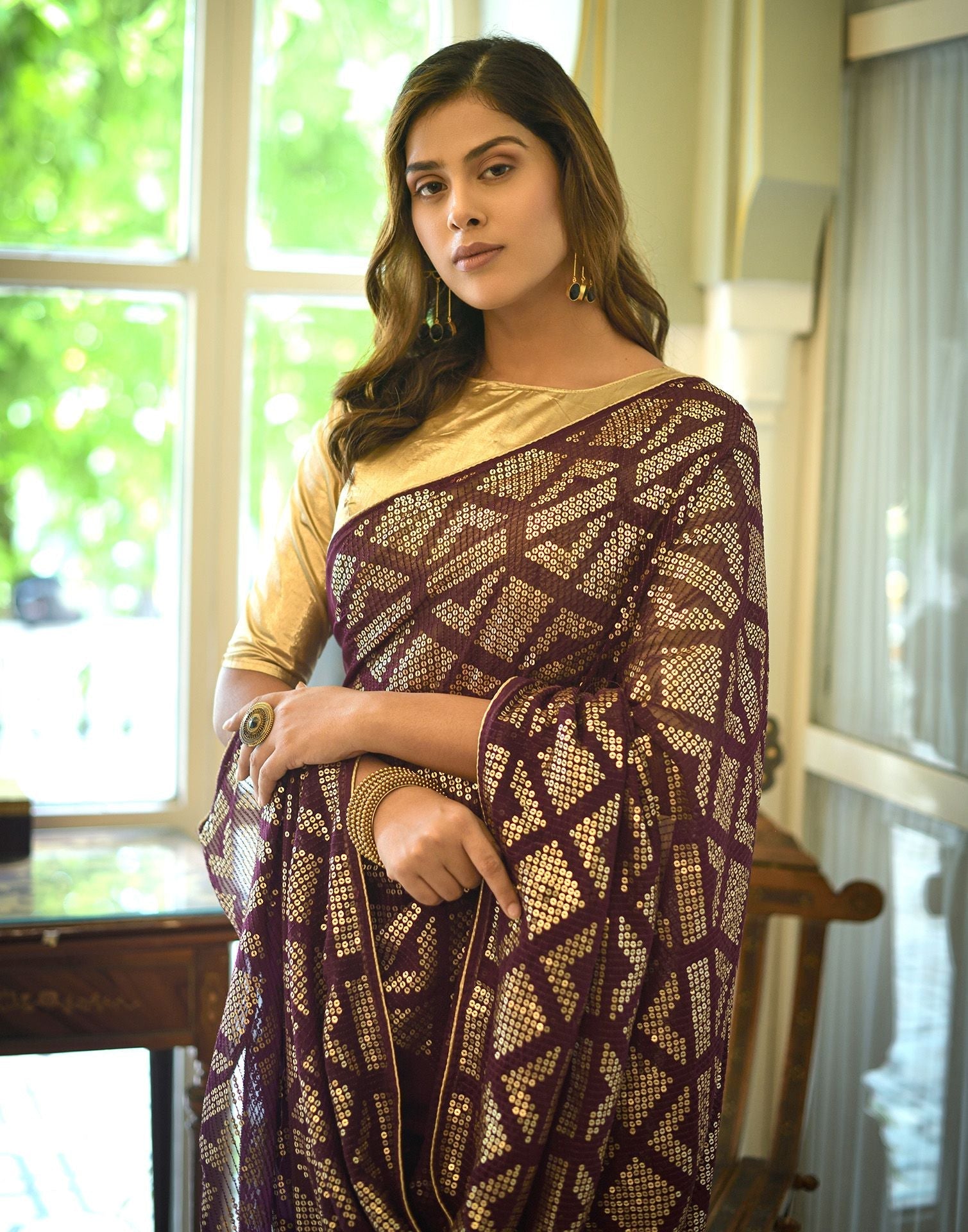 Wine Sequence Saree | Leemboodi